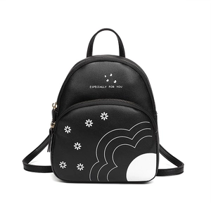 Mini sac à dos noir en cuir PU avec motif marguerite et multiples poches zippées