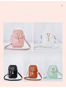 Detailed view of woven phone bags in five colors with pearl tassels and cat-ear clasps