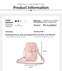 Detailed size chart of pink woven phone bag with pearl tassel and dimensions 21x14x8cm