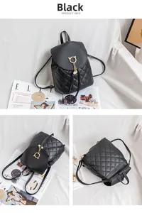 Detailed views of black quilted backpack with cat ear buckle and pearl chain decoration