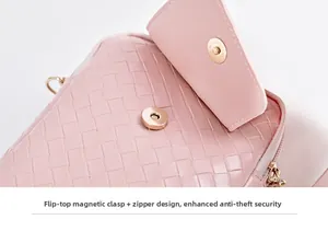 Detail of pink woven crossbody bag featuring secure flap magnetic closure and metal zipper