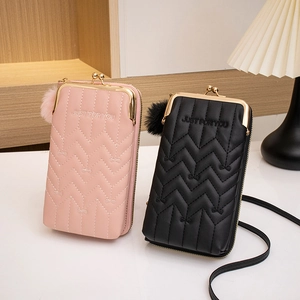 Quilted crossbody phone bags in pink and black with metal clasp and pompom charms