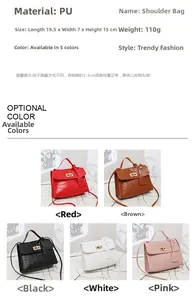 Detail showing crocodile texture PU leather shoulder bag with dimensions and 5 colors