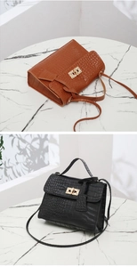 Detail showing brown and black crocodile pattern bags with gold square twist locks