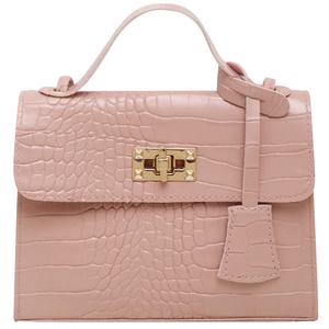 Pink crocodile-textured handbag with a gold-tone turn-lock clasp and top handle