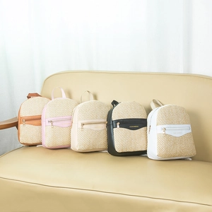 Women Mini Straw Woven Backpack Small Patchwork PU Leather Knitted Travel Rucksack Casual Vacation Fashion Shoulder Bag