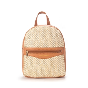 Straw and brown leather mini backpack with gold zippers and casual woven design
