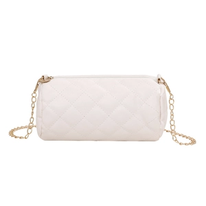 Chic beige quilted cylinder crossbody bag with golden chain strap for women