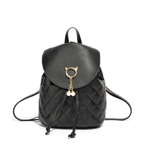 Quilted black mini backpack with golden cat ears and pearl pendant for women