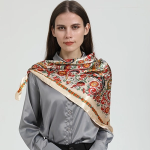 Elegant Russian floral print square silk scarf with vintage paisley pattern for women