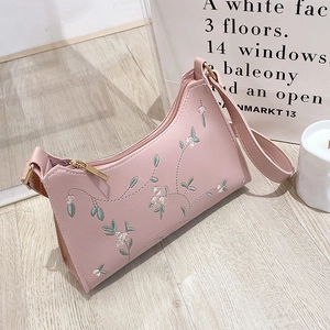 Pale pink shoulder bag with elegant branch floral embroidery and PU leather strap
