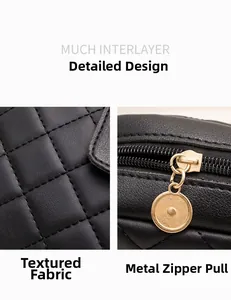 Détail macro du simili cuir noir matelassé et de la tirette de fermeture éclair dorée