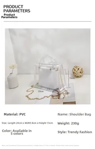 Detailed view of clear PVC tote with white inner pouch and dimensions 20x8x15cm