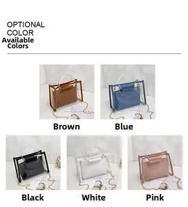 Detail view of 5-color set of transparent PVC handbags with internal zipper pouches