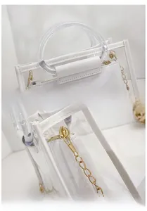 Detail of round acrylic handle and golden chain on white transparent PVC handbag