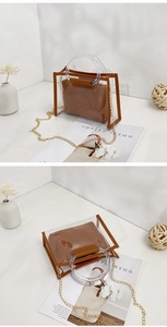 Detail of transparent PVC bucket bag with brown leather trim and resin ring handle