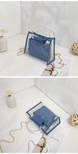 Detail of blue transparent tote with acrylic ring handle and gold chain strap