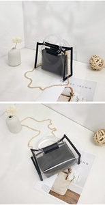 Detail of transparent PVC tote bag with black inner pouch, acrylic handles and gold chain