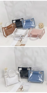 Close-up of transparent PVC tote bags with colorful inner pouches and circular handles