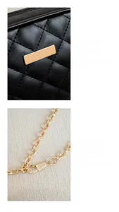 Detail of black quilted leather shoulder bag featuring gold chain strap and buckle hardware