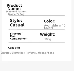 Detailed specifications of lightweight 180g quilted crossbody bag with 10 color options