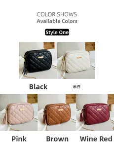 Detail view of quilted leather mini square bags with chain straps and tassels in five colors