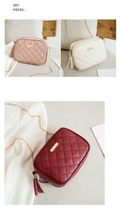 Quilted camera bag details in pink, beige and burgundy with chain strap and tassels