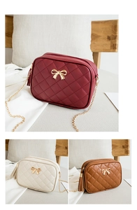 Three color variants of quilted crossbody bags with gold bow and tassel details