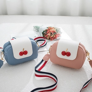 Chic mini cherry crossbody square bags in pink and blue with striped fabric shoulder straps