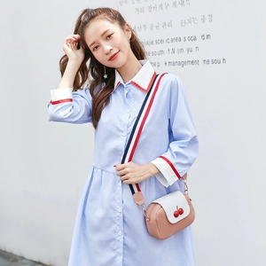 Korean style women's light blue striped dress with cherry accent square crossbody bag
