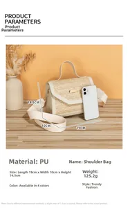 Detail view of woven straw shoulder bag with size 19x10x14.5cm and product parameters