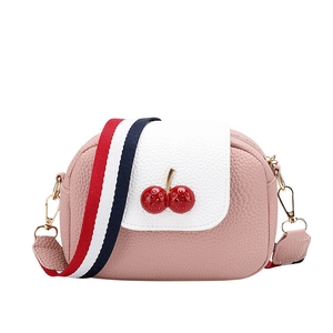 Pink and white cherry crossbody camera bag with a stylish tricolor woven wide shoulder strap