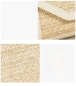 Close-up of tight stitching edges and high-density woven texture on straw crossbody bag