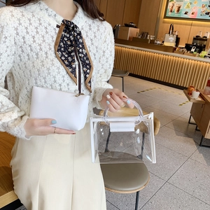 Chic two-piece set featuring a transparent PVC tote bag and white clutch with round handles