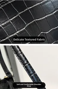 Detail of black crocodile texture leather with precise stitching on the shoulder strap