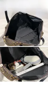Detailed view of large capacity tote bag interior with zipper and vintage dot pattern