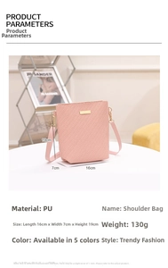 Detailed dimensions of pink woven texture bucket bag with gold metal hardware