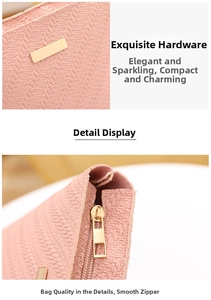 Detail of pink woven texture handbag with golden metal accents and smooth zipper