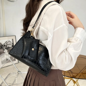 Fashionable black crocodile pattern underarm bag with matching mini purse charm for women