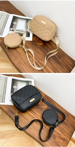 Detailed view of quilted crossbody bag set with detachable round coin purse and wide strap