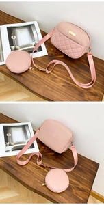 Detailed views of pink quilted crossbody bag set with wide strap and round coin purse