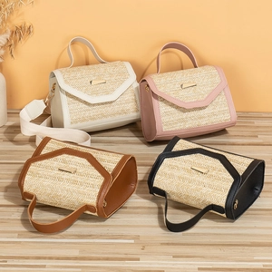 Women Straw Woven Crossbody Bag PU Leather Flap Handbag Wide Strap Metal Buckle Summer Vacation Square Small Purse