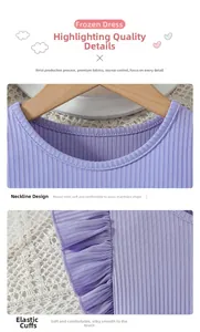 Détail de la robe violette en maille côtelée avec col rond et poignets élastiques à volants