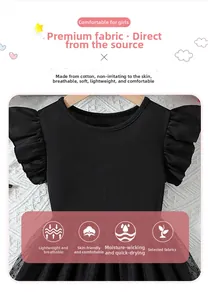 Détails de robe noire fille avec manches à volants et jupe en tulle à pois fins