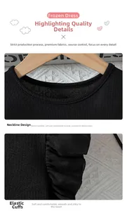 Détail de l'encolure ronde et des poignets élastiques à volants sur une robe noire de fille