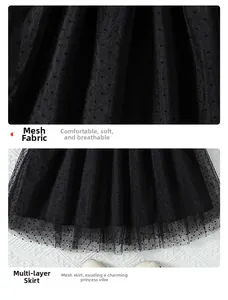 Détail du tissu en maille à pois noirs et ourlet tutu multicouche pour robe fille