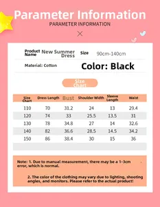 Size chart for girls summer leopard mesh dress with cotton fabric and length measurements
