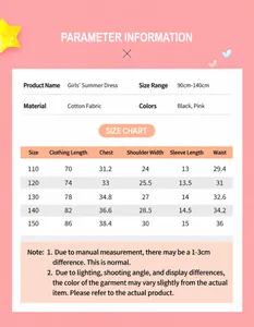 Detailed size chart for girls sweet heart mesh dress with cotton fabric specifications