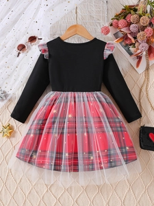 Vestido de niña con malla de cuadros, manga larga y patrones de estrellas doradas