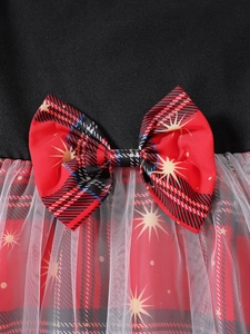 Vestido princesa bebé niña con corpiño negro, lazo de cuadros rojos y falda de tul